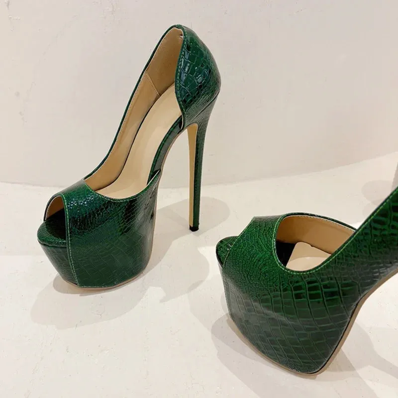 Green Snake Print Leather Platform Pumps Women Sexy Slingback Peep Toe Extreme High Heels Strip Pole Dance Shoes