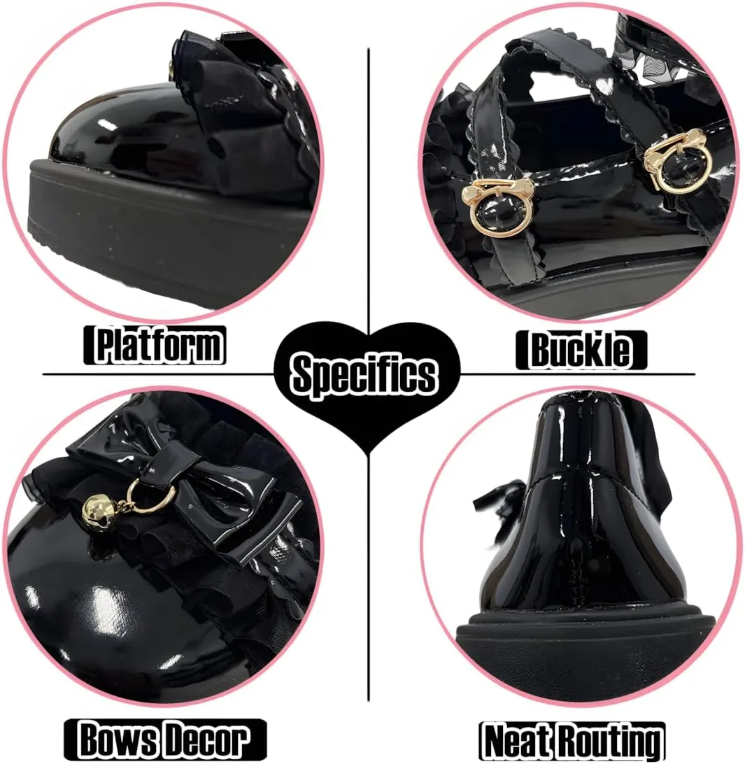 Grunge Y2K Kawaii Gothic Lolita Round Toe Platform Heels Lace Bows Bell Trim Decor Mary Jane Shoes