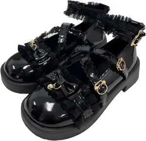 Grunge Y2K Kawaii Gothic Lolita Round Toe Platform Heels Lace Bows Bell Trim Decor Mary Jane Shoes