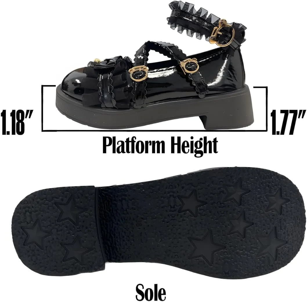 Grunge Y2K Kawaii Gothic Lolita Round Toe Platform Heels Lace Bows Bell Trim Decor Mary Jane Shoes