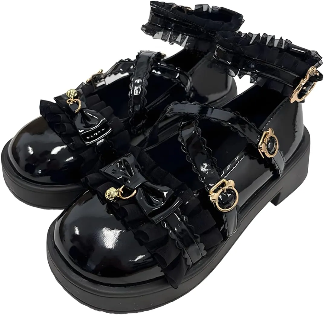 Grunge Y2K Kawaii Gothic Lolita Round Toe Platform Heels Lace Bows Bell Trim Decor Mary Jane Shoes