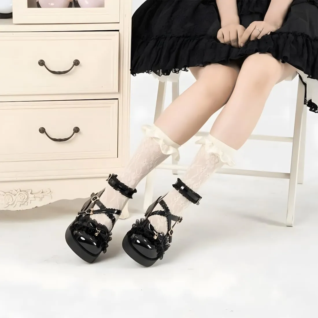 Grunge Y2K Kawaii Gothic Lolita Round Toe Platform Heels Lace Bows Bell Trim Decor Mary Jane Shoes