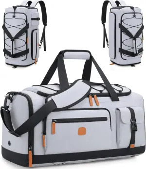 Gym Bag for Men and Women with Shoe & Laptop Compartment, 3-in-1 Sports Travel Duffel Bag Anti-Theft Weekender Carry-On Backpack for Airplane & Workout, Overnight Travel Bag,35L (Light Grey, Medium)