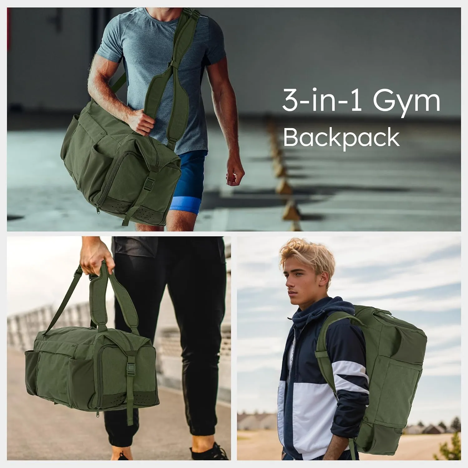 Gym Bag for Men with Shoes Compartment and Wet Pocket Convertible Duffle Bag and Gym Backpack Waterproof Sports Bags for Men with 2 Bottle Holders Weekender Overnight Bag-Dark Green