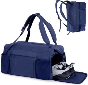 Gym Bag for Men with Shoes Compartment and Wet Pocket Convertible Duffle Bag and Gym Backpack Waterproof Sports Bags with 2 Bottle Holders Multipurpose Weekender Overnight Bag -Dark Blue