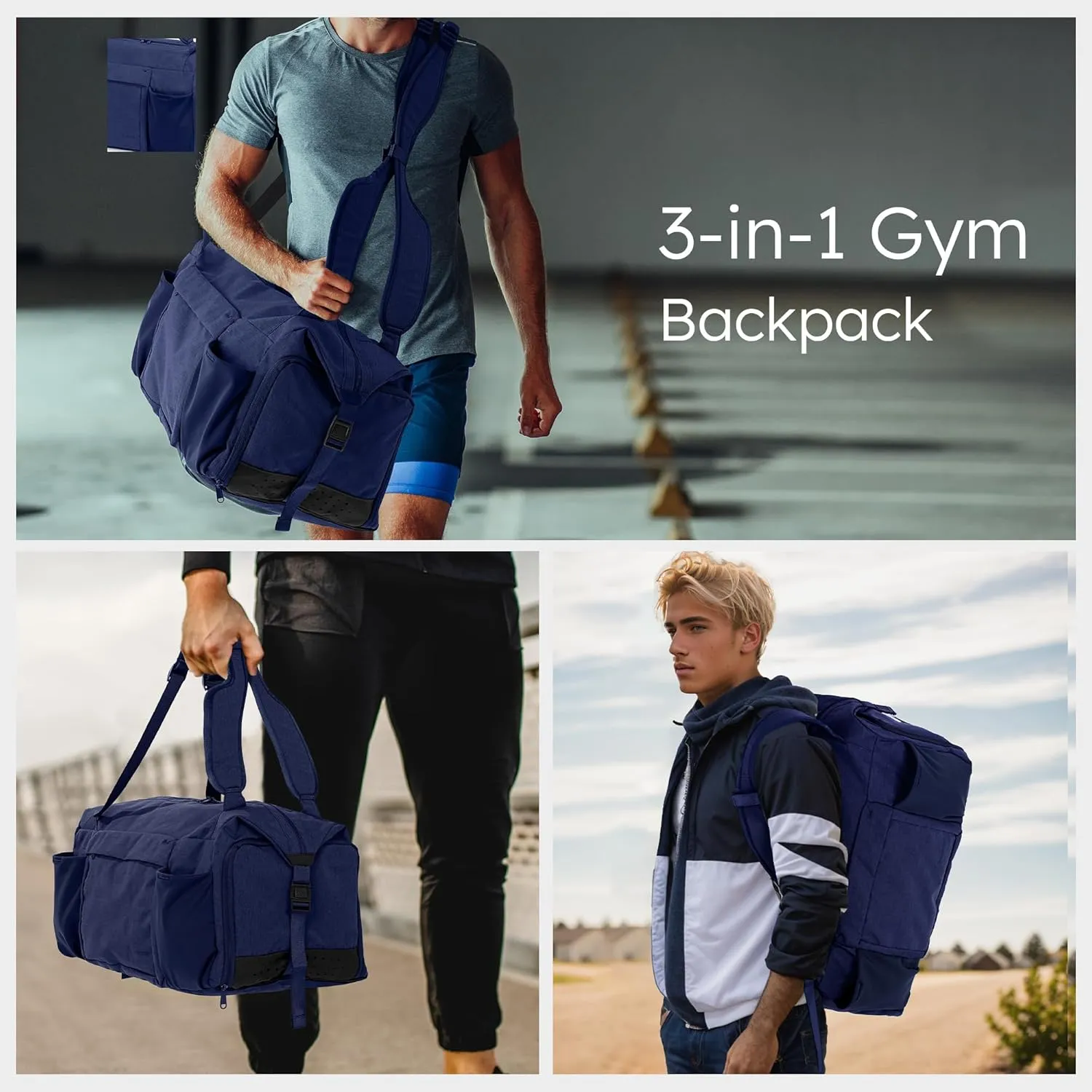 Gym Bag for Men with Shoes Compartment and Wet Pocket Convertible Duffle Bag and Gym Backpack Waterproof Sports Bags with 2 Bottle Holders Multipurpose Weekender Overnight Bag -Dark Blue