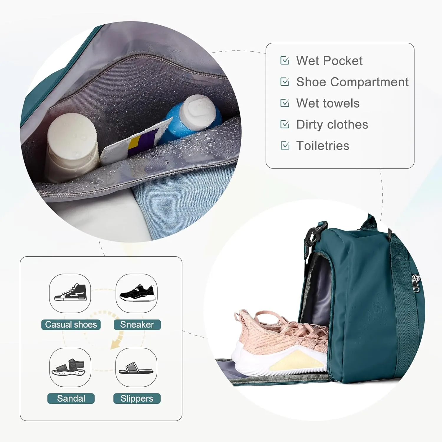 Gym Bag for Women Men with Shoes Compartment,Sports Duffle Bag Personal item travel Duffel Bags Tote Bag Small Carry on Weekender Overnight Bag Workout Dance Bag Hospital Holdalls Peacock Blue