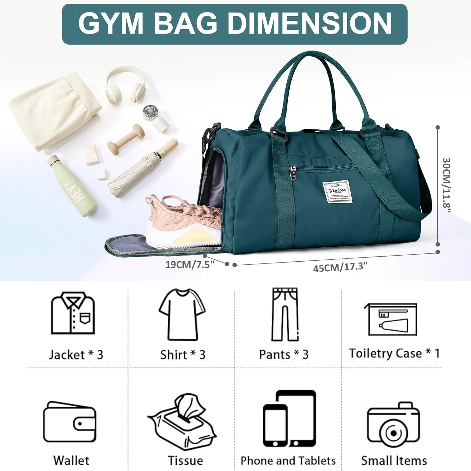 Gym Bag for Women Men with Shoes Compartment,Sports Duffle Bag Personal item travel Duffel Bags Tote Bag Small Carry on Weekender Overnight Bag Workout Dance Bag Hospital Holdalls Peacock Blue
