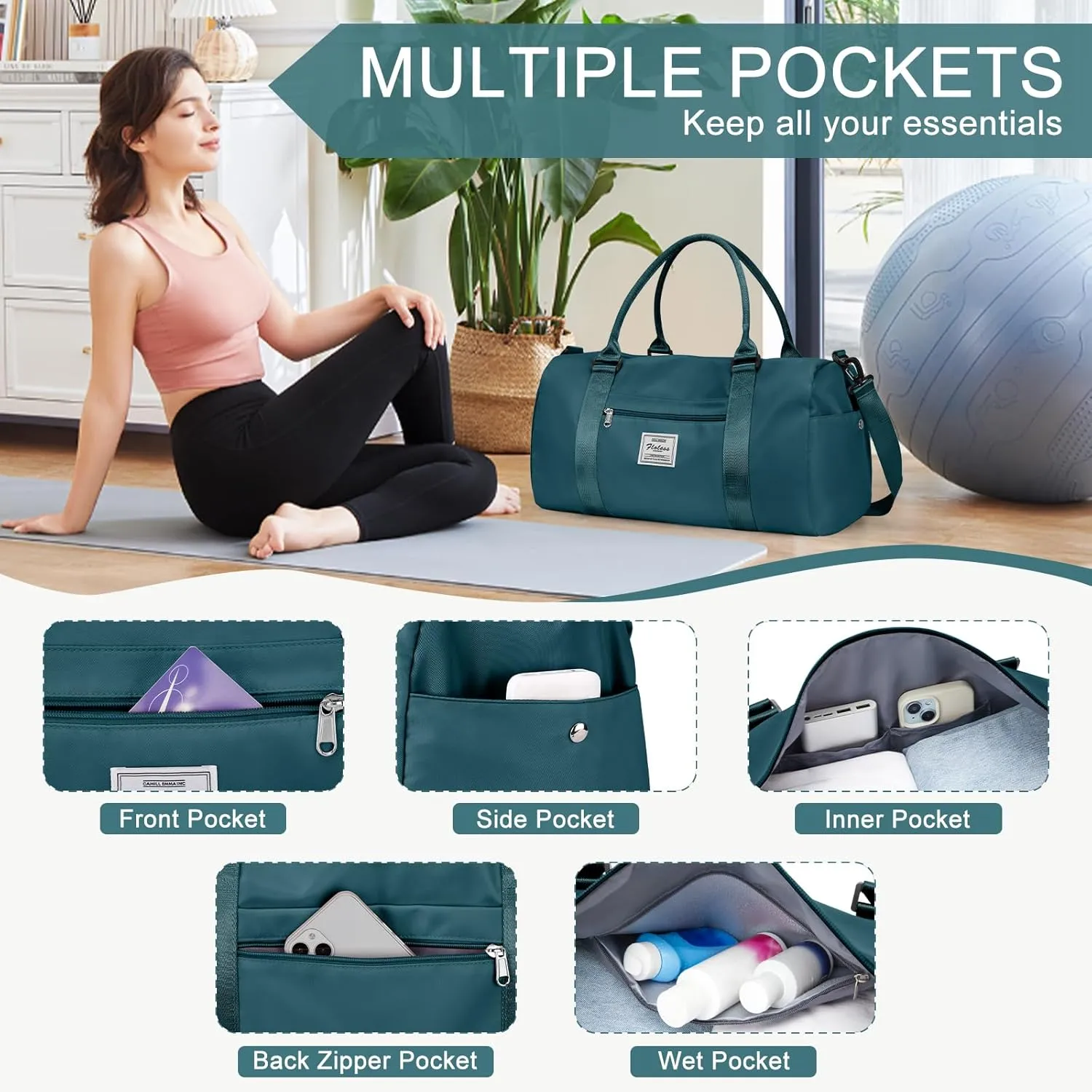 Gym Bag for Women Men with Shoes Compartment,Sports Duffle Bag Personal item travel Duffel Bags Tote Bag Small Carry on Weekender Overnight Bag Workout Dance Bag Hospital Holdalls Peacock Blue
