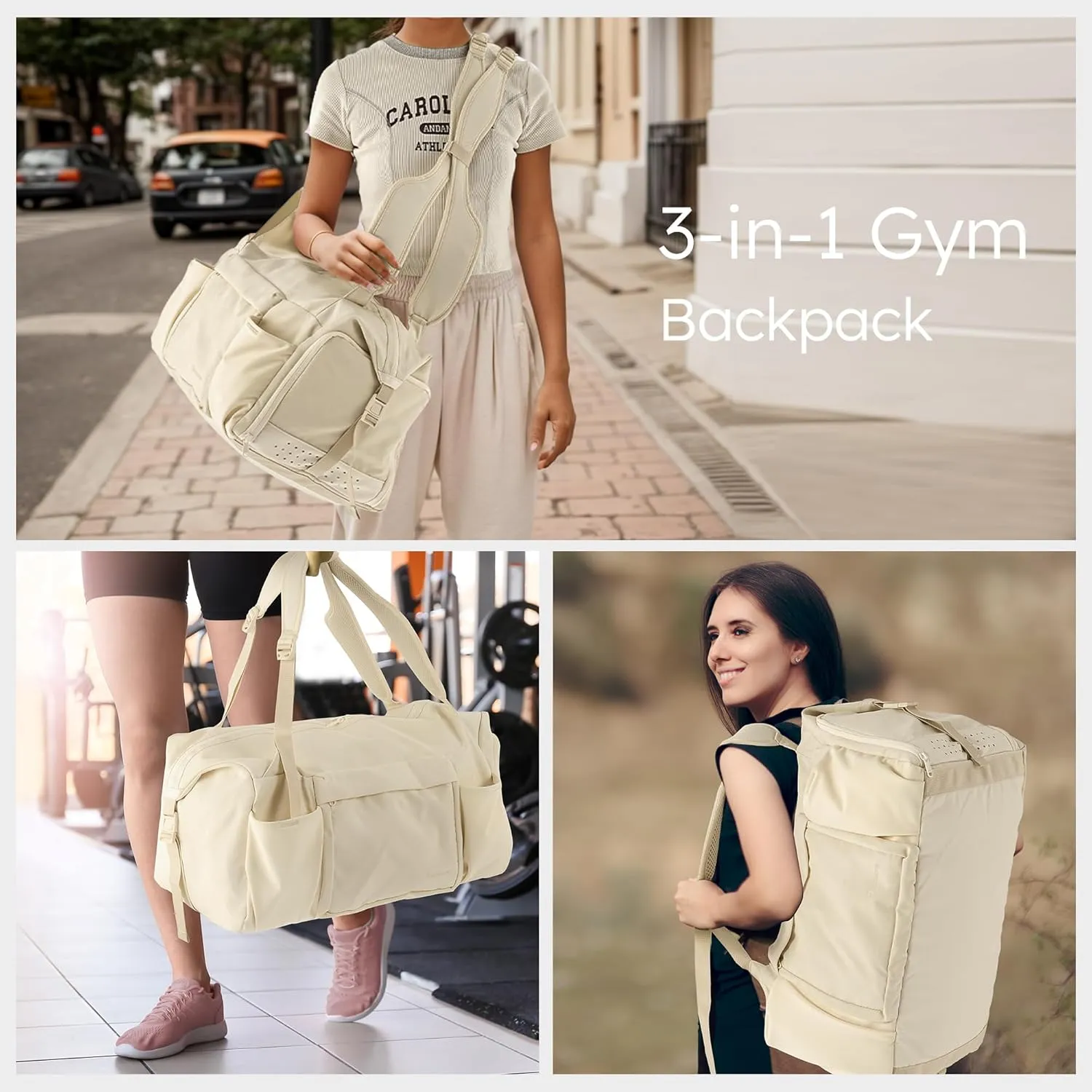 Gym Bag for Women with Shoes Compartment and Wet Pocket Convertible Duffle Bag and Gym Backpack Waterproof Sports Bags for Women with 2 Bottle Holders Weekender Overnight Bag - Beige