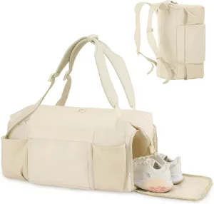 Gym Bag for Women with Shoes Compartment and Wet Pocket Convertible Duffle Bag and Gym Backpack Waterproof Sports Bags for Women with 2 Bottle Holders Weekender Overnight Bag - Beige