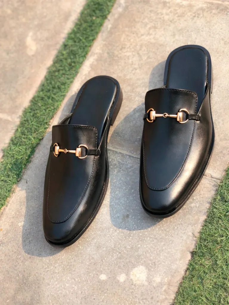 Handmade Black Leather Mule Slippers for Men