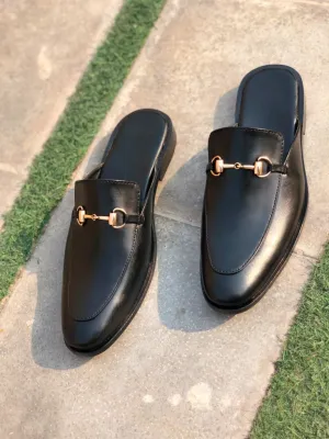 Handmade Black Leather Mule Slippers for Men