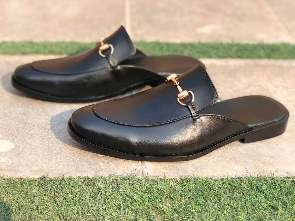 Handmade Black Leather Mule Slippers for Men
