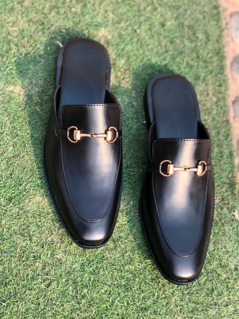 Handmade Black Leather Mule Slippers for Men