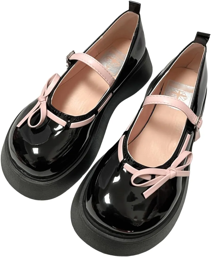 Harajuku Y2K Goth Kawaii Lolita Round Toe Chunky Heels Pink Bows Lace Up Decor Mary Jane Platform Shoes