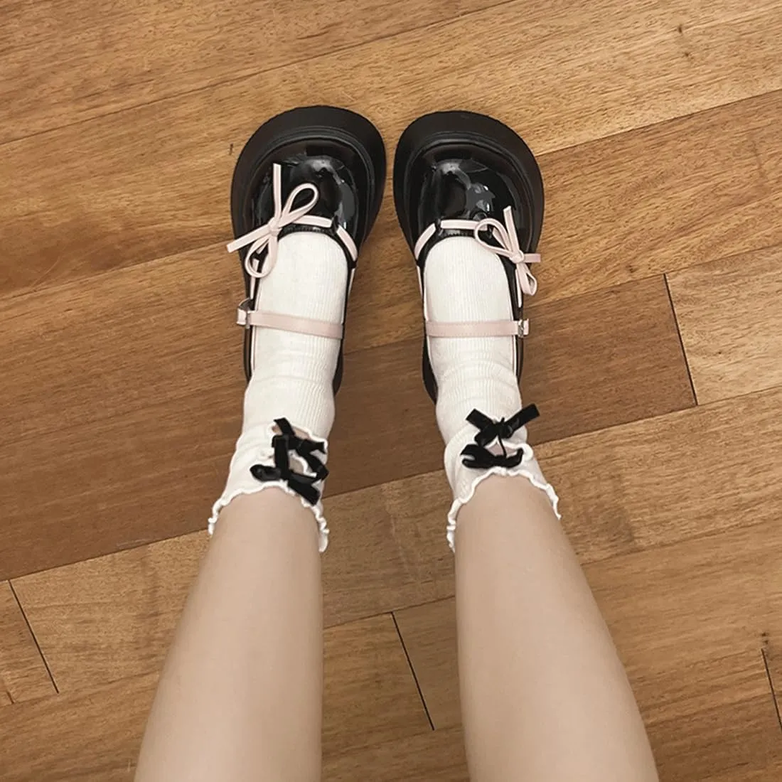 Harajuku Y2K Goth Kawaii Lolita Round Toe Chunky Heels Pink Bows Lace Up Decor Mary Jane Platform Shoes