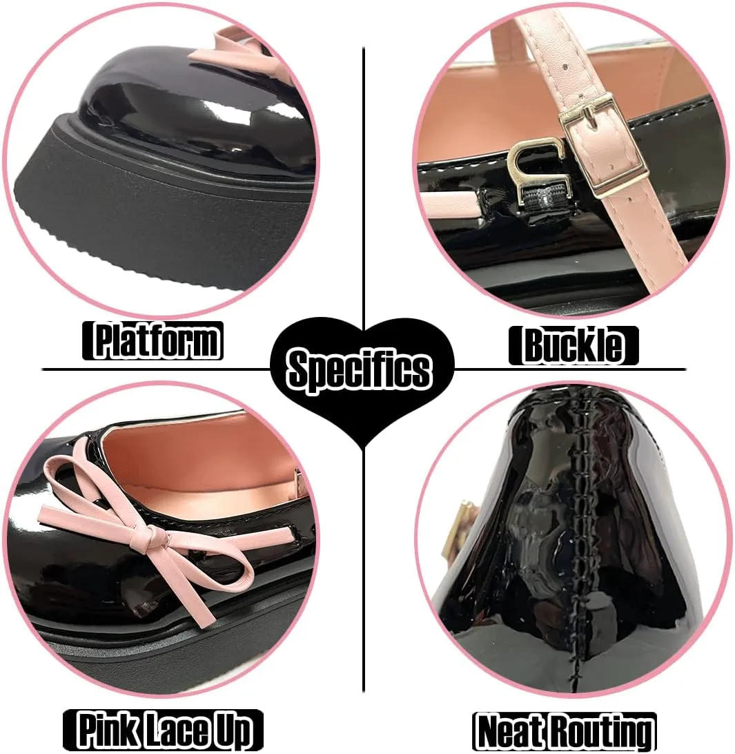 Harajuku Y2K Goth Kawaii Lolita Round Toe Chunky Heels Pink Bows Lace Up Decor Mary Jane Platform Shoes