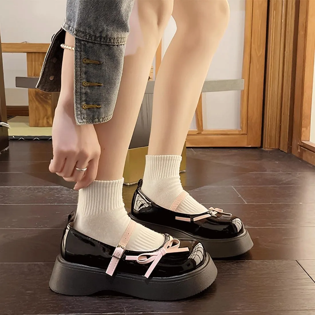 Harajuku Y2K Goth Kawaii Lolita Round Toe Chunky Heels Pink Bows Lace Up Decor Mary Jane Platform Shoes