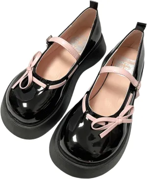 Harajuku Y2K Goth Kawaii Lolita Round Toe Chunky Heels Pink Bows Lace Up Decor Mary Jane Platform Shoes