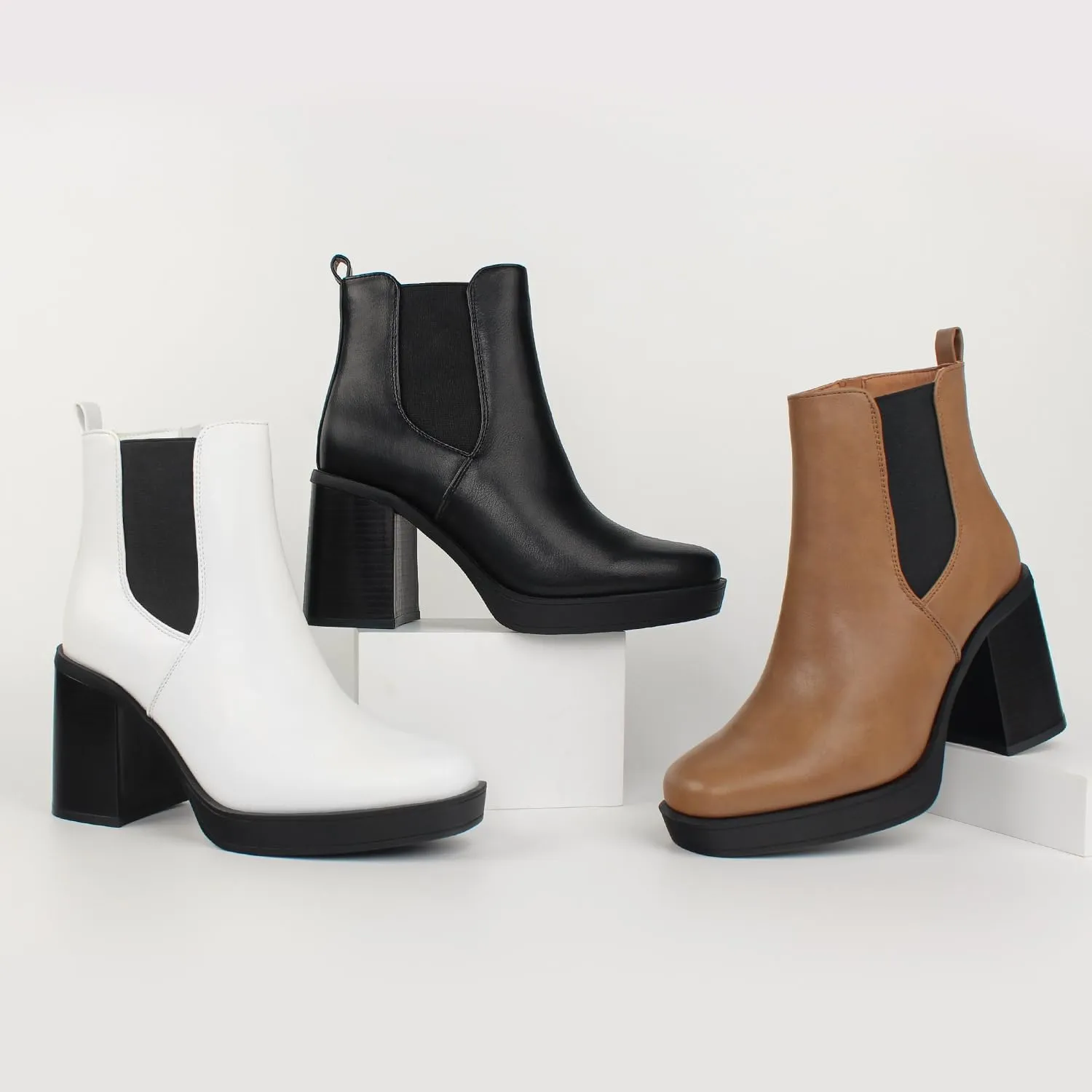 Hawkwell Women's Platform Side Zipper Chelsea Boots Chunky High Heel Square Toe Ankle Booties