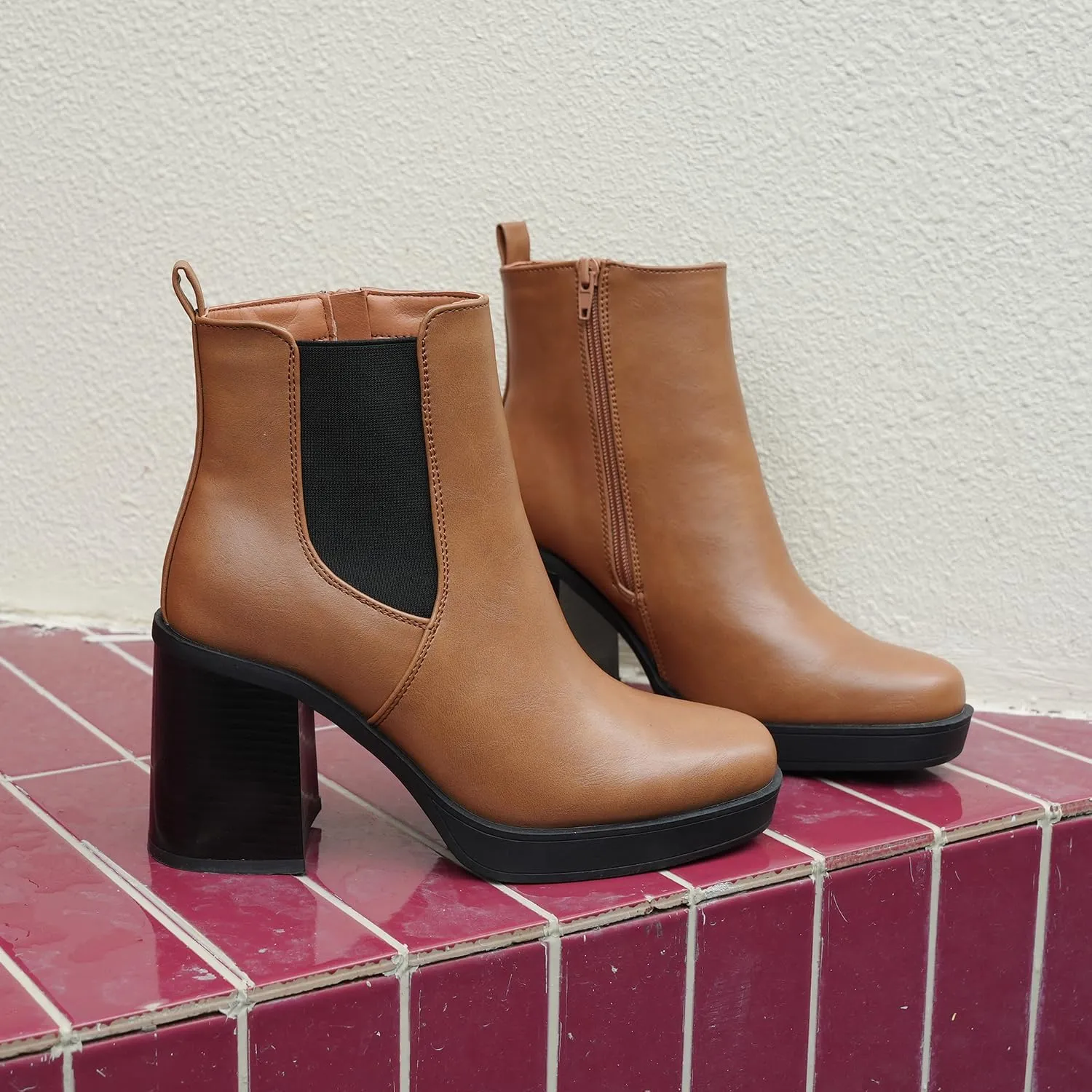 Hawkwell Women's Platform Side Zipper Chelsea Boots Chunky High Heel Square Toe Ankle Booties