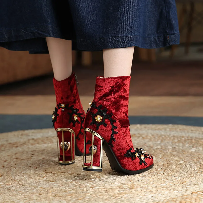 Heel Mid-tube Boots Beaded Embroidery Side Zipper Women Boots