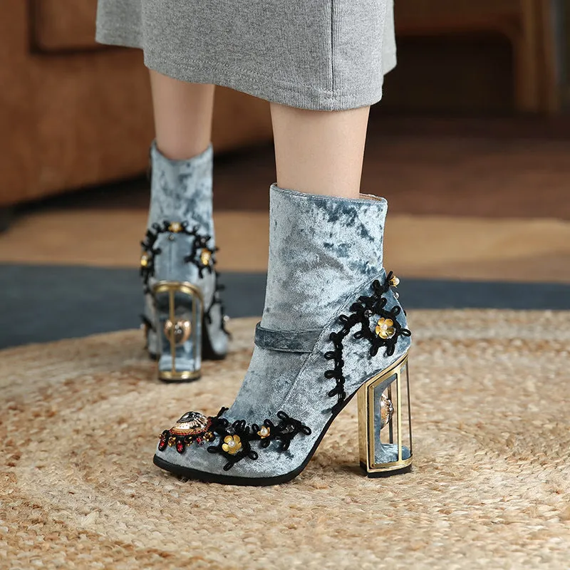Heel Mid-tube Boots Beaded Embroidery Side Zipper Women Boots