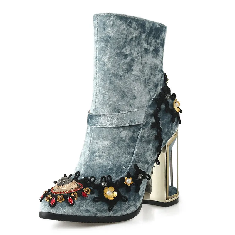 Heel Mid-tube Boots Beaded Embroidery Side Zipper Women Boots