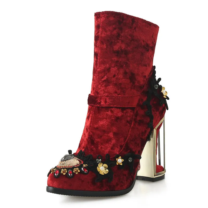 Heel Mid-tube Boots Beaded Embroidery Side Zipper Women Boots