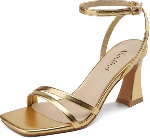 Heeled Sandals for Women Chunky Block High Heels Square Open Toe Sandals with Ankle Strap 3 Inch Dress Heels Comfortable