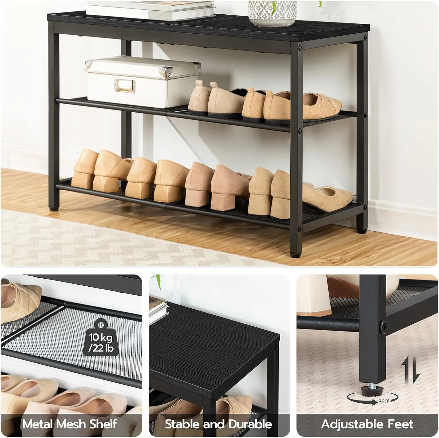HOOBRO Shoe Bench, 3-Tier Shoe Rack, Industrial Shoe Organizer Storage Bench, 29.5 inches Entry Bench with Mesh Shelves, for Entryway, Living Room, Hallway, Easy Assembly, Black BB75HX01