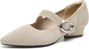 HROYL Women Knit Shoes Low Heel Dress Pumps Chunky Heel Mary Jane Knited Shoes,Model B35-5