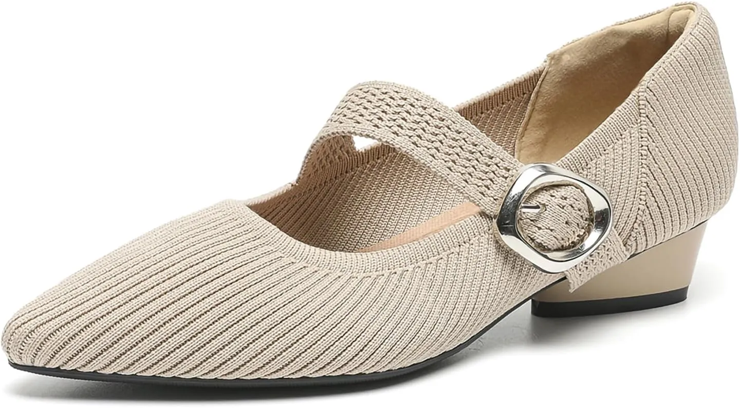 HROYL Women Knit Shoes Low Heel Dress Pumps Chunky Heel Mary Jane Knited Shoes,Model B35-5