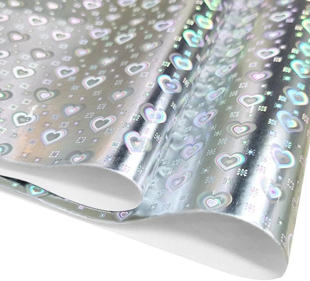 HYANG Holographic Silver Heart PU Faux Leather Sheets Roll 12"X 53" Faux Leather Roll Perfect for Crafts Handbags Wallets Jewelry Earrings Bows Making