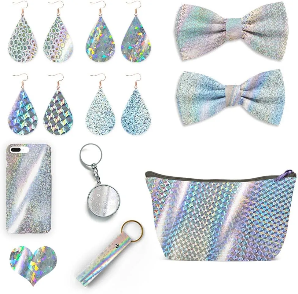 HYANG Holographic Silver Heart PU Faux Leather Sheets Roll 12"X 53" Faux Leather Roll Perfect for Crafts Handbags Wallets Jewelry Earrings Bows Making