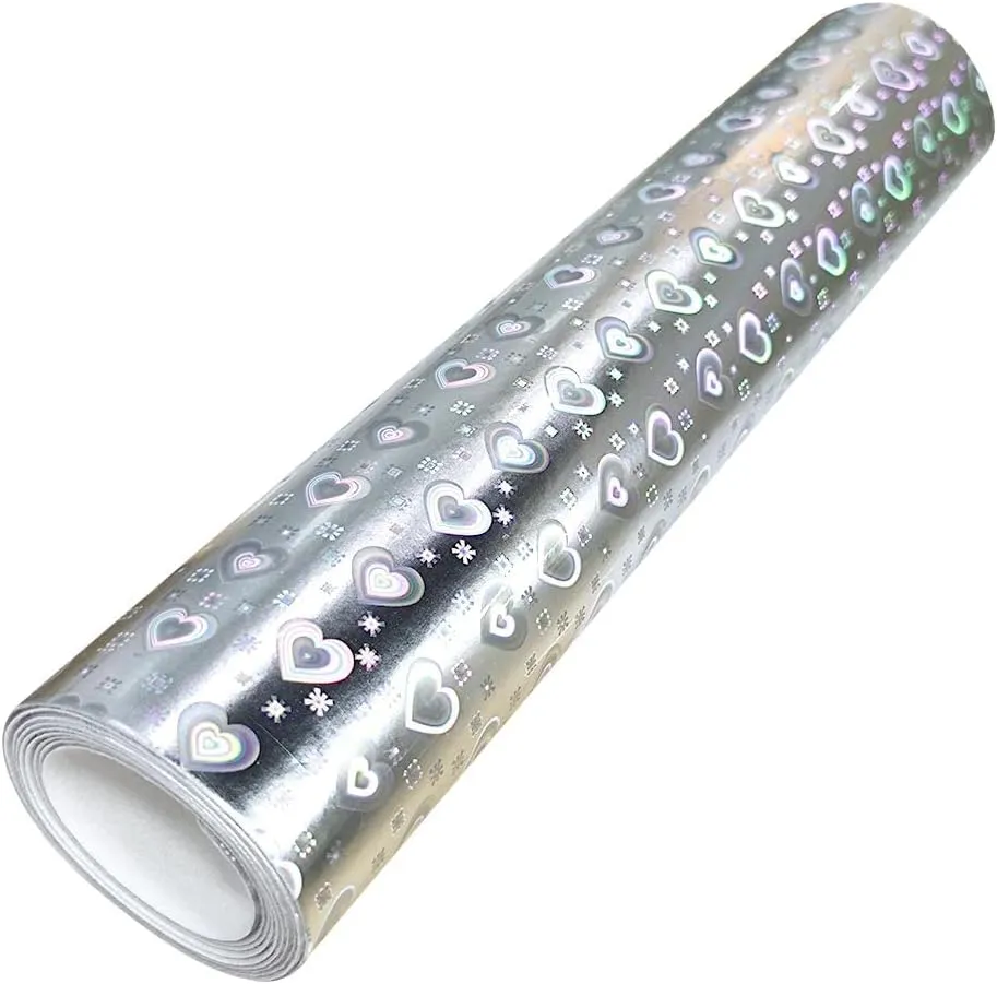HYANG Holographic Silver Heart PU Faux Leather Sheets Roll 12"X 53" Faux Leather Roll Perfect for Crafts Handbags Wallets Jewelry Earrings Bows Making