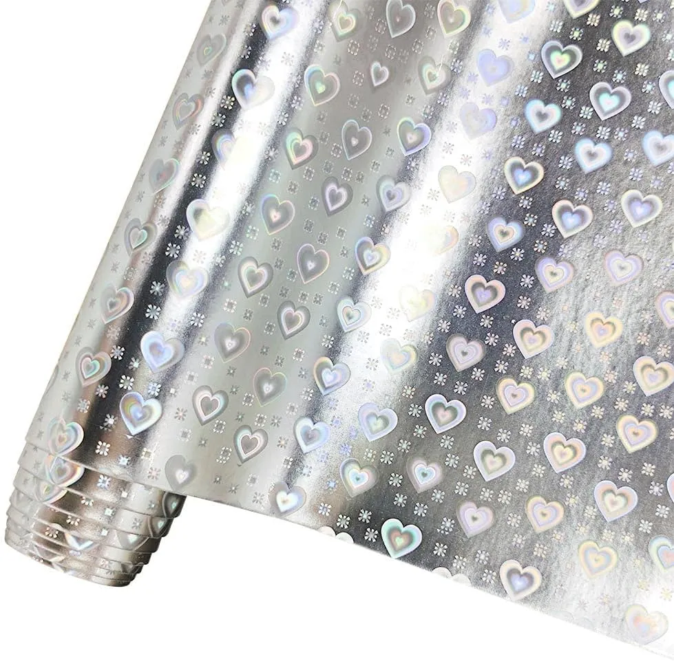 HYANG Holographic Silver Heart PU Faux Leather Sheets Roll 12"X 53" Faux Leather Roll Perfect for Crafts Handbags Wallets Jewelry Earrings Bows Making