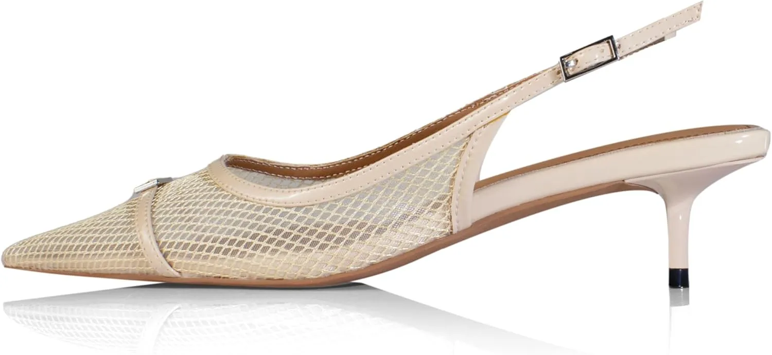 iadore Women Fashion Kitten Low Heel Shoes Chic Mesh Slingback with Buckle Pointed Toe Summer Daily Dress Work Pumps Size 5-12 US