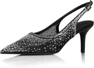 iadore Women Fashion Low Kitten Heel Pumps Sexy Rhinestone Splicing Mesh Suede Slingback Shoes Classic Wedding Party Pumps Size 5-12 US