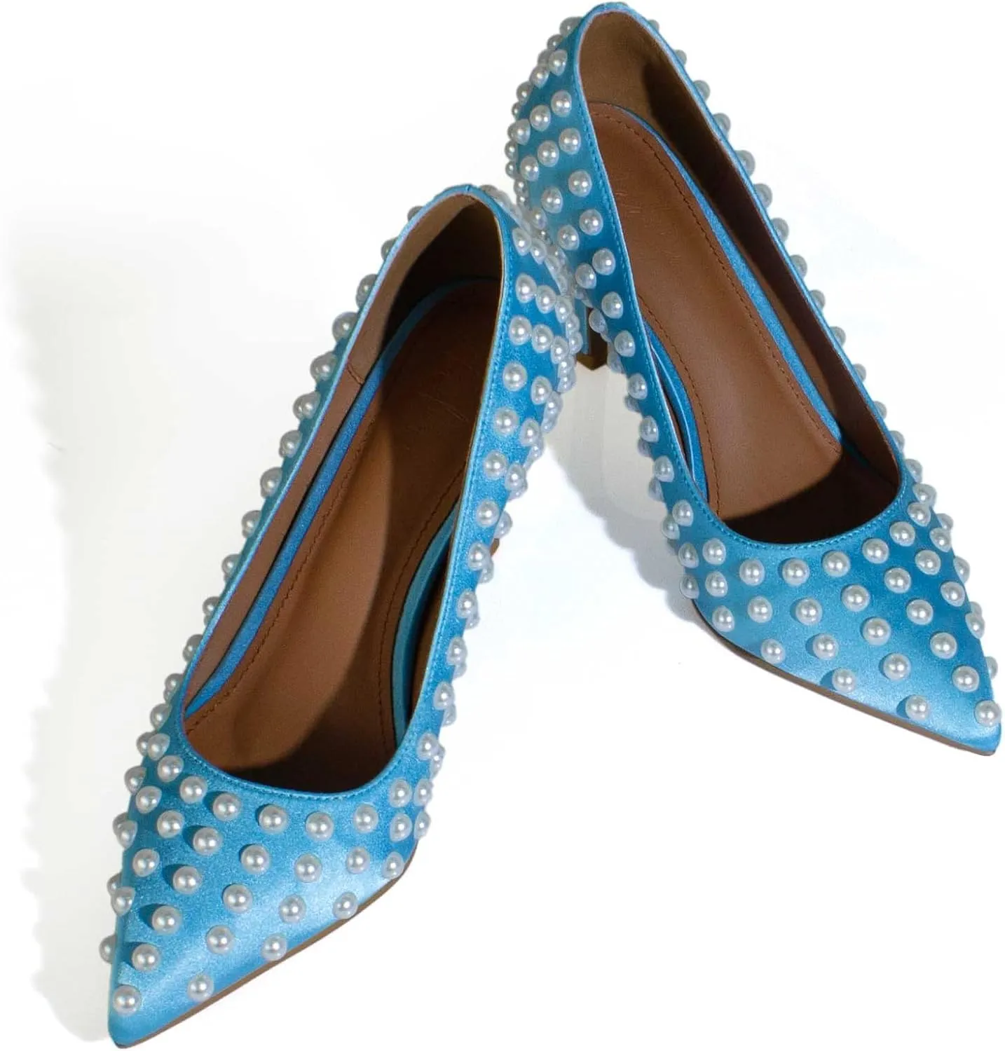 iadore Women Sexy Stiletto High Heel Pumps Chic Pearl Studded Slip-on Shoes Satin Pointed Toe Fashion Dress Pumps Size 5-12 US