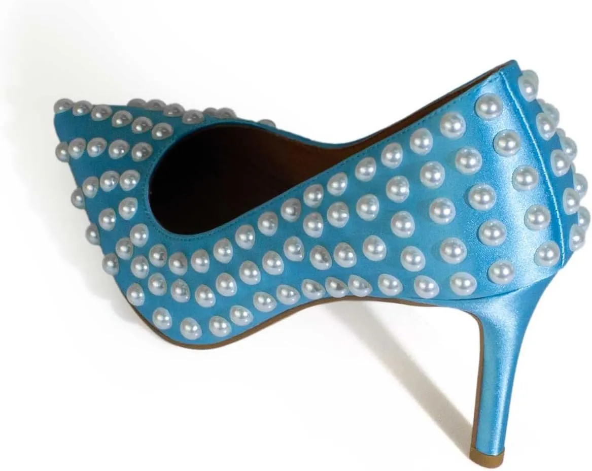 iadore Women Sexy Stiletto High Heel Pumps Chic Pearl Studded Slip-on Shoes Satin Pointed Toe Fashion Dress Pumps Size 5-12 US