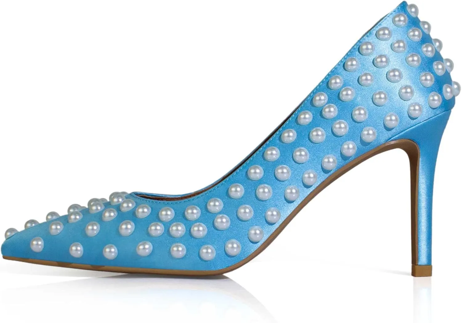 iadore Women Sexy Stiletto High Heel Pumps Chic Pearl Studded Slip-on Shoes Satin Pointed Toe Fashion Dress Pumps Size 5-12 US