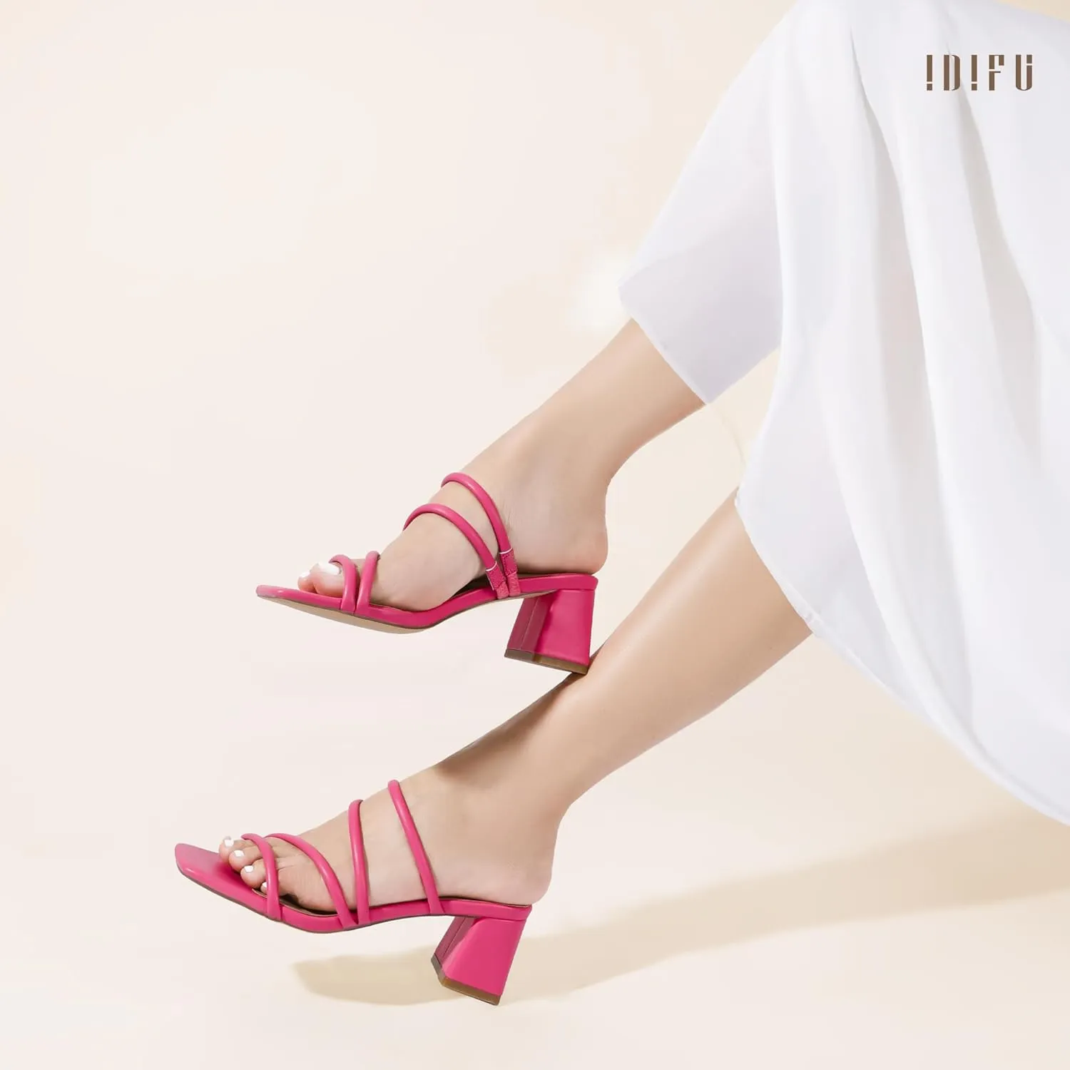 IDIFU IN2 Strappy Heels for Women Square Toe Low Chunky Block Heels Wedding Prom Slip On Dress Shoes for Bride Bridesmaid Comfortable Heeled Slide Sandals Slingback Short Mule Heels