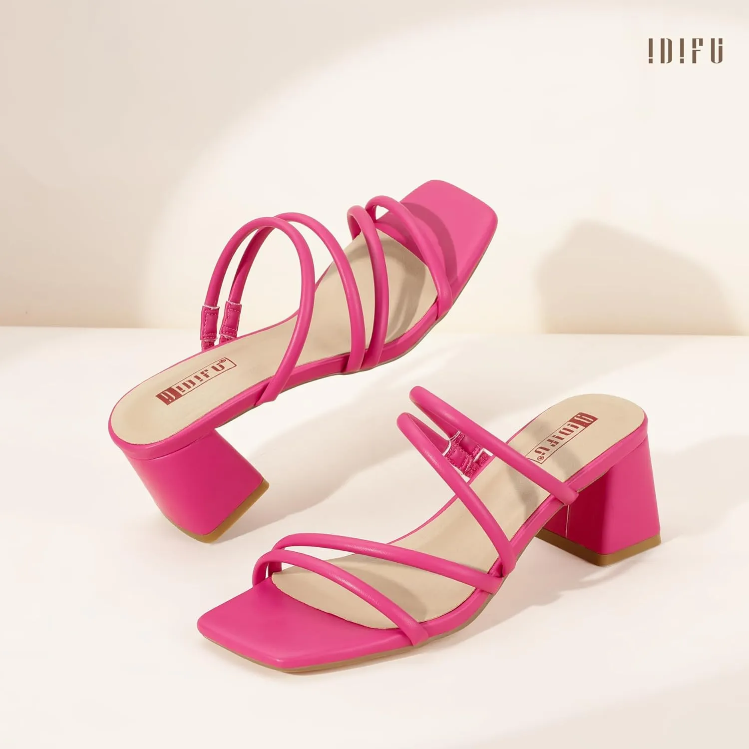 IDIFU IN2 Strappy Heels for Women Square Toe Low Chunky Block Heels Wedding Prom Slip On Dress Shoes for Bride Bridesmaid Comfortable Heeled Slide Sandals Slingback Short Mule Heels