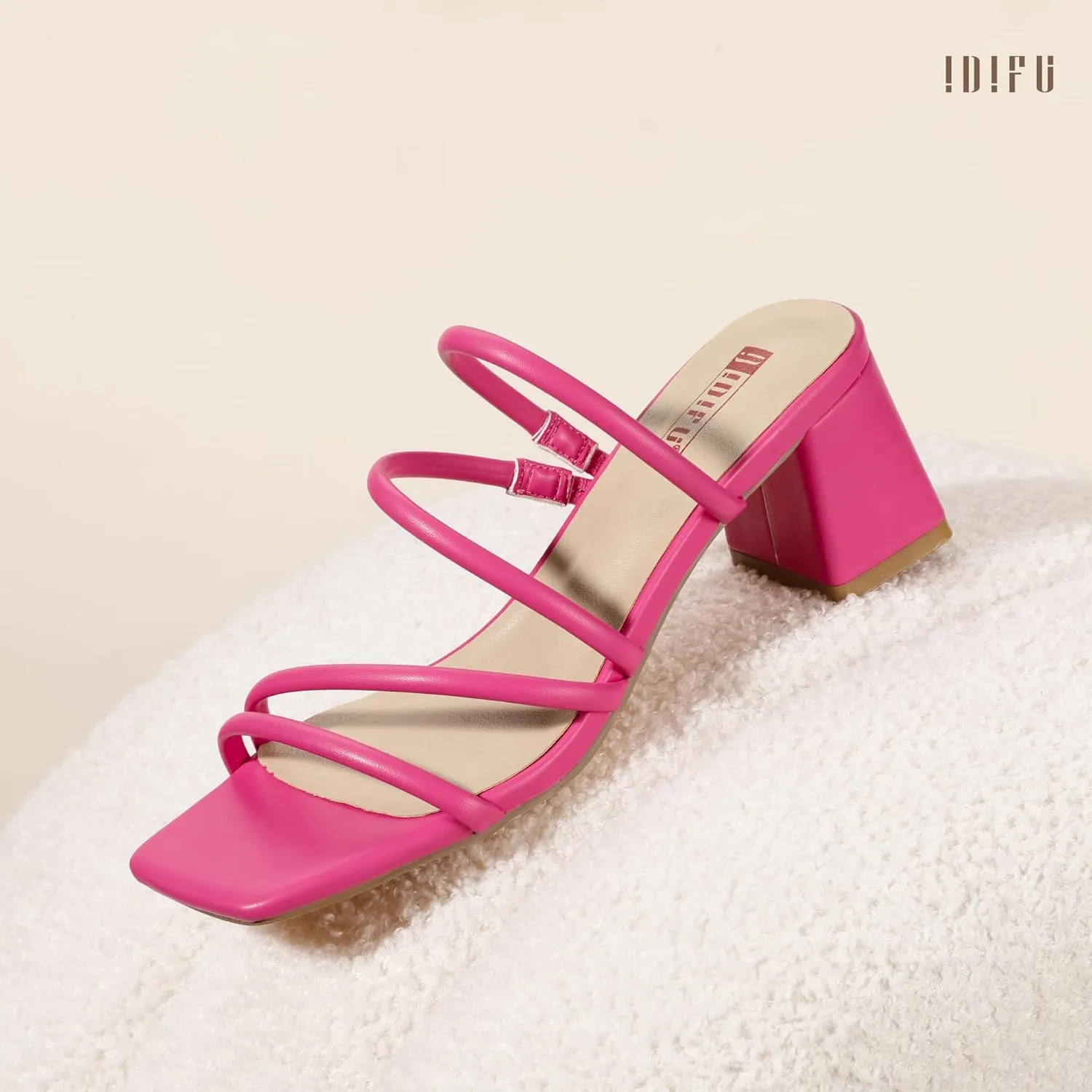 IDIFU IN2 Strappy Heels for Women Square Toe Low Chunky Block Heels Wedding Prom Slip On Dress Shoes for Bride Bridesmaid Comfortable Heeled Slide Sandals Slingback Short Mule Heels