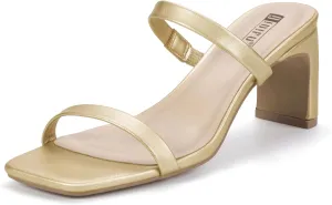 IDIFU IN3 Chunky Heels For Women Low Block Square Open Toe Heels Two Strap Slip On Comfortable Slides Heeled Sandals Sexy Wedding Prom Party Dress Shoes Cute Mule Short Heels