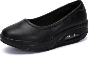 ihinzry Women's Wedge Leather Shoes Nurse Lightweight Comfort Work Shoes Waterproof Non Slip Loafer Platform Shoes