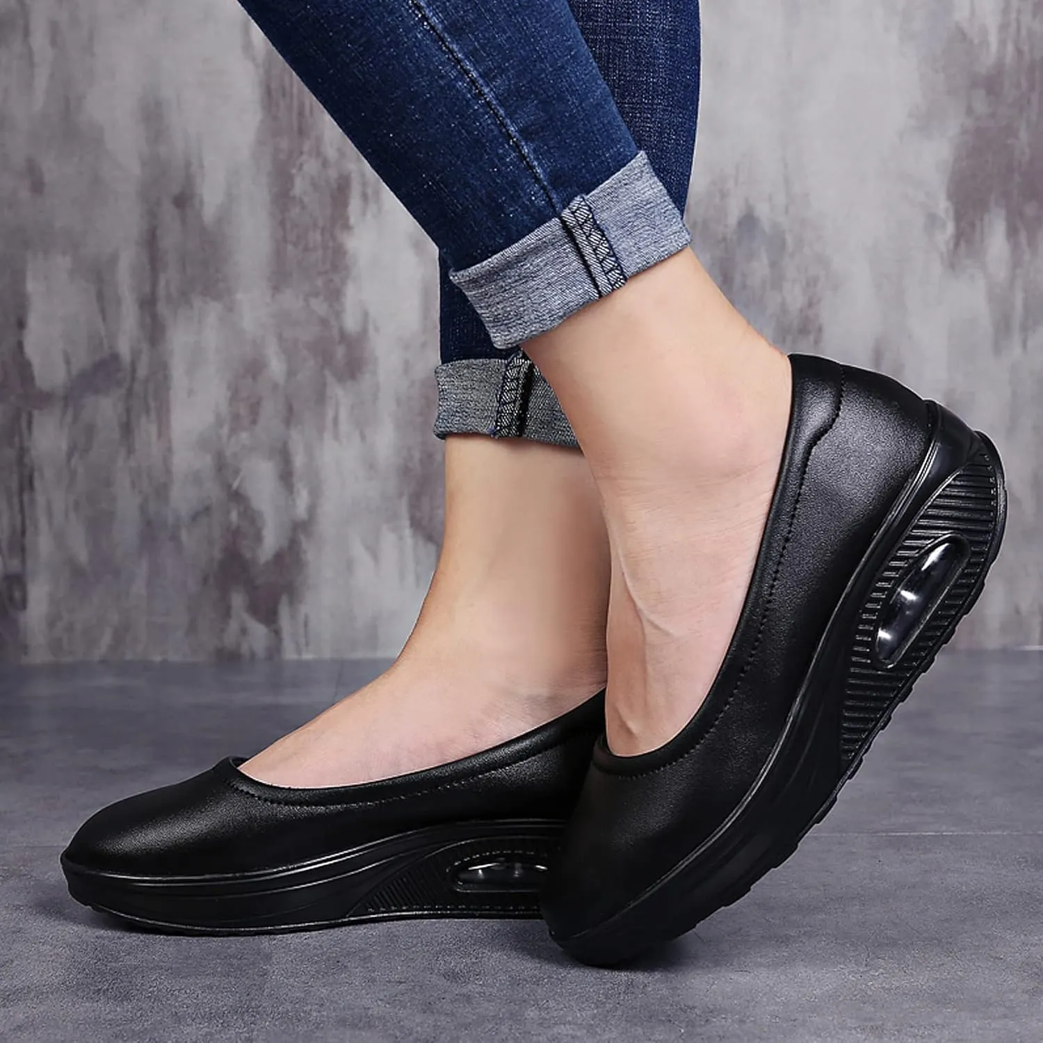 ihinzry Women's Wedge Leather Shoes Nurse Lightweight Comfort Work Shoes Waterproof Non Slip Loafer Platform Shoes