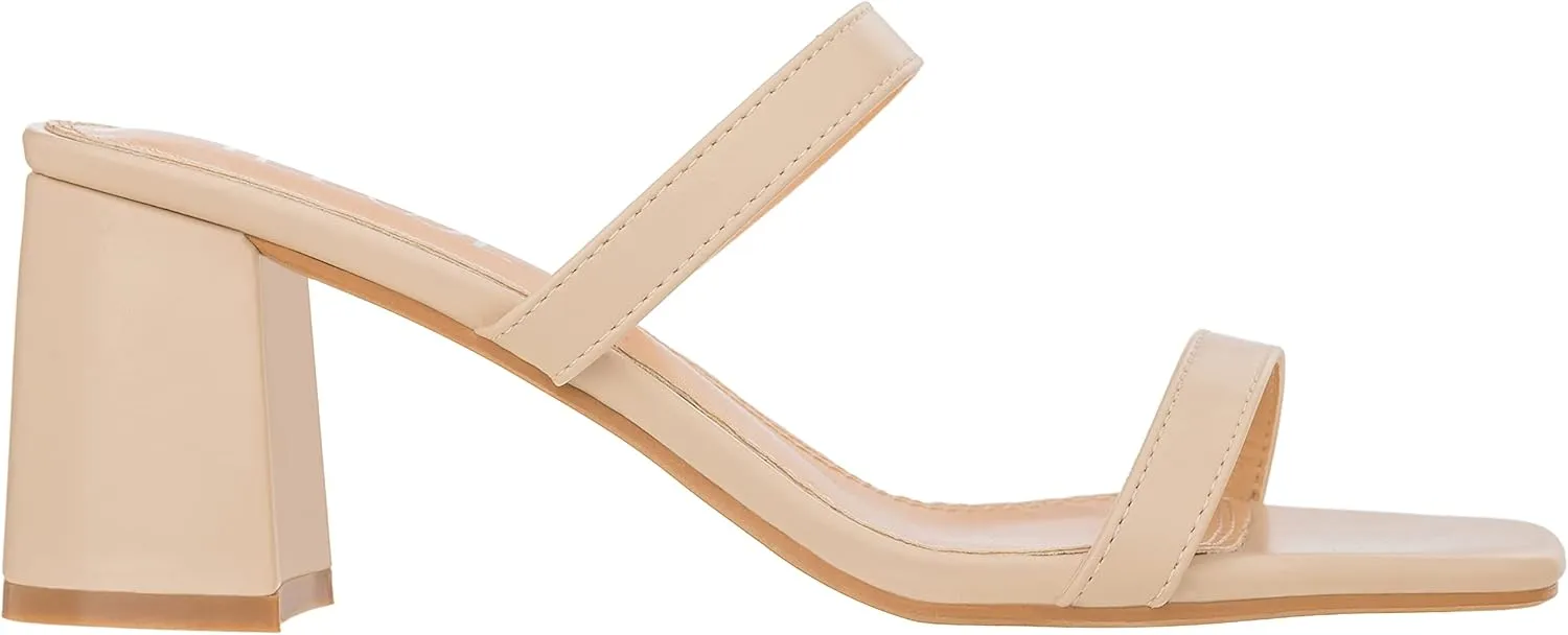 ILLUDE Women’s Block Heel Double Band Square Toe Heeled Sandal Slip On Mule - Lisa